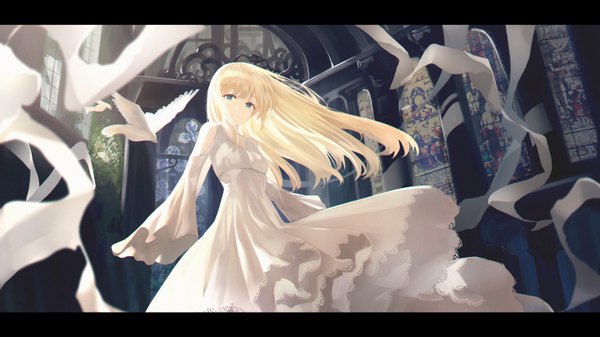 Anime picture 5760x3240 with original neiless neiro single long hair looking at viewer fringe highres blue eyes blonde hair wide image standing bare shoulders absurdres indoors blunt bangs long sleeves wind blurry wide sleeves letterboxed