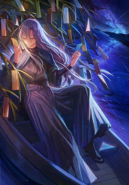 Anime picture 800x1143 with original tsugutoku single long hair tall image fringe hair between eyes sitting holding payot silver hair full body outdoors eyes closed traditional clothes japanese clothes wind night wide sleeves arms up