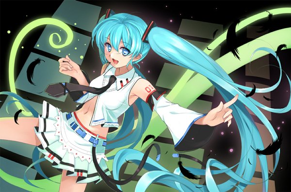 Anime picture 1190x788 with vocaloid hatsune miku inst (artist) single long hair open mouth blue eyes twintails aqua hair girl skirt detached sleeves miniskirt necktie feather (feathers)