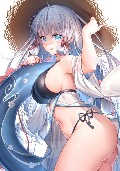 Anime picture 2480x3508 with genshin impact kamisato ayaka kishita yuu single long hair tall image looking at viewer blush fringe highres breasts open mouth blue eyes light erotic simple background large breasts standing white background payot silver hair