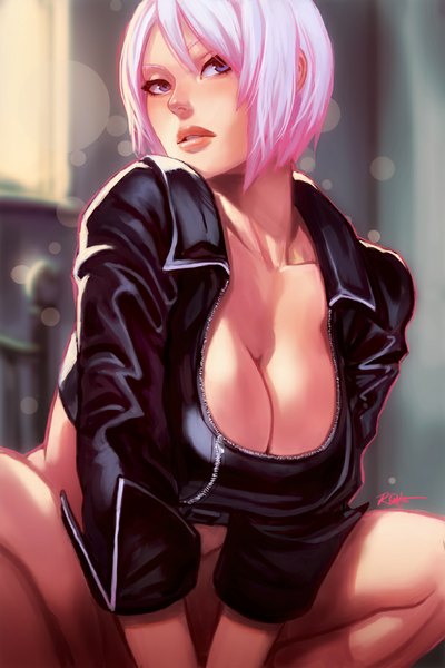 Anime picture 608x913 with the king of fighters snk angel (kof) rejean dubois (kasai) single tall image looking at viewer fringe short hair breasts light erotic large breasts purple eyes pink hair cleavage lips spread legs bottomless alternate hair color girl