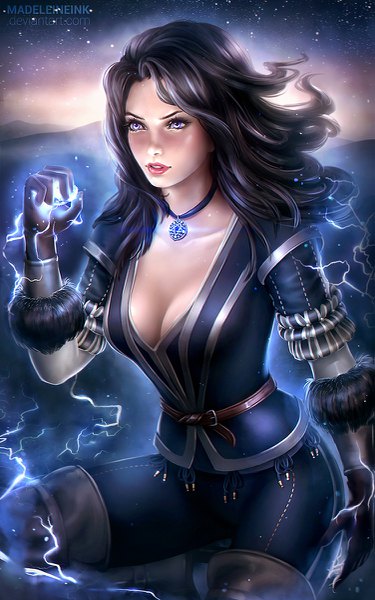 Anime picture 751x1200 with the witcher the witcher 3 wild hunt yennefer of vengerberg madeleineink single long hair tall image breasts light erotic black hair purple eyes signed looking away cleavage parted lips realistic lipstick floating hair magic wavy hair