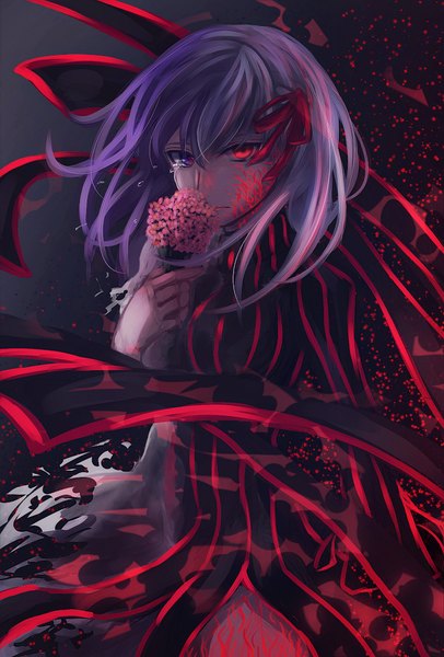 Anime picture 612x903 with fate (series) fate/stay night matou sakura dark sakura teio/rogi single long hair tall image looking at viewer fringe hair between eyes red eyes purple eyes holding purple hair multicolored hair two-tone hair tears striped girl