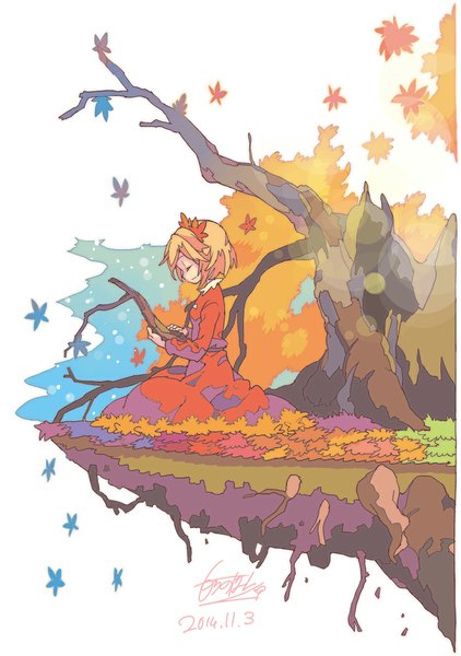 Anime picture 723x1028 with touhou aki shizuha morino hon single tall image short hair blonde hair smile sitting signed eyes closed profile girl plant (plants) tree (trees) leaf (leaves) autumn leaves