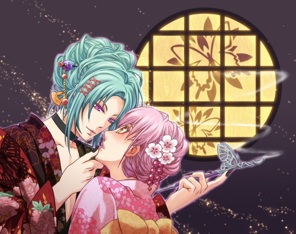 Anime picture 1000x791 with wand of fortune idea factory lulu (wand of fortune) alvaro garay long hair simple background purple eyes yellow eyes pink hair traditional clothes japanese clothes profile pink eyes hair flower from behind aqua hair couple hug back dark background