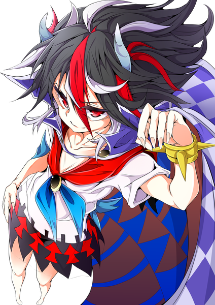Anime picture 2893x4092 with touhou kijin seija baba (baba seimaijo) single tall image highres short hair black hair smile red eyes multicolored hair barefoot horn (horns) fingernails from above streaked hair transparent background long fingernails girl bracelet