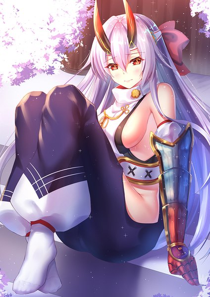 Anime picture 763x1080 with fate (series) fate/grand order tomoe gozen (fate) zha yu bu dong hua single long hair tall image looking at viewer blush fringe breasts light erotic hair between eyes red eyes large breasts sitting bare shoulders silver hair full body traditional clothes