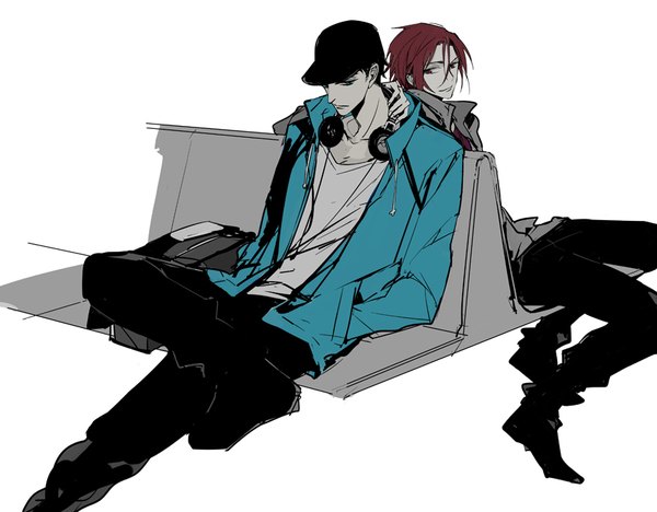 Anime picture 850x663 with free! kyoto animation matsuoka rin yamazaki sosuke zmore fringe short hair blue eyes black hair simple background hair between eyes red eyes white background sitting looking away red hair open jacket multiple boys crossed legs hands in pockets
