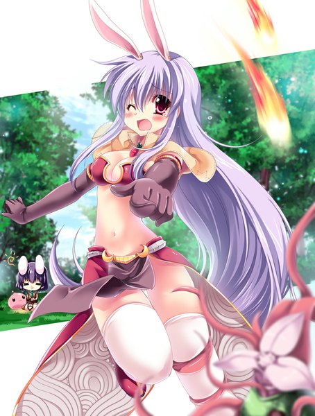 Anime picture 800x1056 with touhou ragnarok online reisen udongein inaba inaba tewi poring mage (ragnarok online) sakurano tsuyu long hair tall image blush open mouth light erotic red eyes animal ears silver hair one eye closed wink midriff bunny ears bunny girl