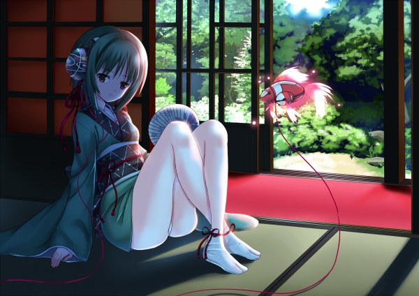 Anime picture 1200x848 with original koi (koisan) single short hair light erotic simple background red eyes white background sitting traditional clothes japanese clothes green hair girl underwear panties plant (plants) tree (trees) kimono headphones obi