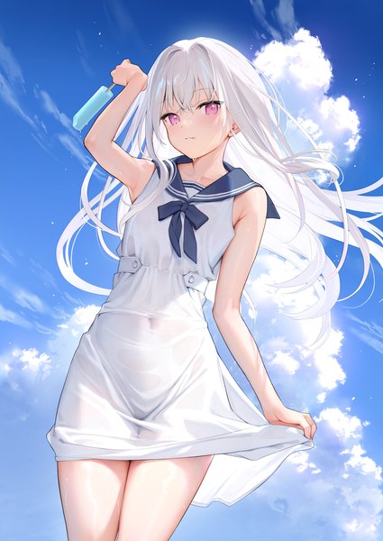 Anime picture 913x1290 with original shiro-chan (mignon) mignon single long hair tall image looking at viewer blush fringe light erotic smile hair between eyes standing purple eyes sky cloud (clouds) outdoors white hair arm up wind