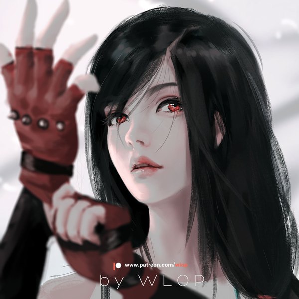 Anime picture 1543x1543 with final fantasy final fantasy vii square enix tifa lockhart wlop single long hair fringe black hair simple background hair between eyes red eyes signed upper body parted lips arm up lips realistic teeth depth of field