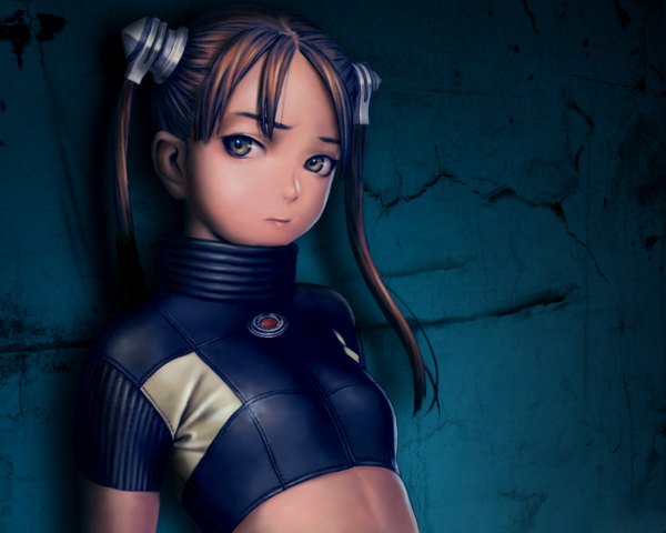 Anime picture 1280x1024 with range murata single long hair looking at viewer breasts brown hair twintails brown eyes upper body short sleeves third-party edit skin tight leather girl hair ornament crop top