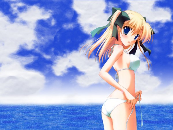 Anime picture 1600x1200 with canvas 2 housen elis elise single long hair looking at viewer blush fringe blue eyes blonde hair hair between eyes standing bare shoulders sky outdoors head tilt sunlight two side up surprised girl