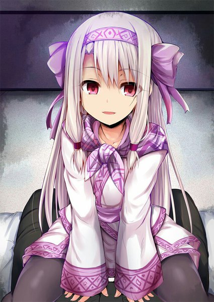 Anime picture 700x989 with fate (series) fate/grand order illyasviel von einzbern sitonai sen (astronomy) long hair tall image looking at viewer blush fringe open mouth hair between eyes red eyes sitting payot silver hair wide sleeves sleeves past wrists solo focus pov