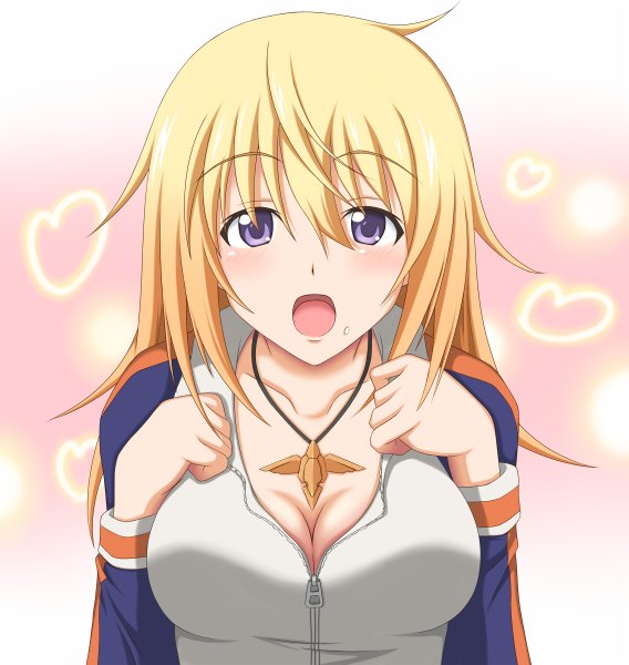 Anime picture 1136x1200 with infinite stratos 8bit charles dunois minatsuki nao single long hair tall image blush open mouth light erotic blonde hair purple eyes cleavage girl