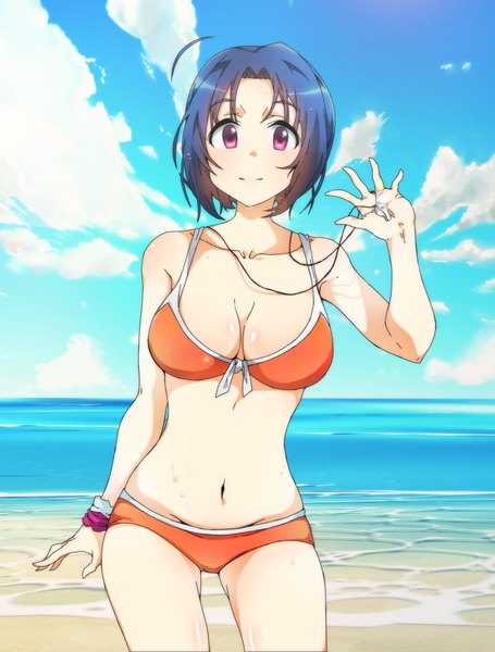 Anime picture 1300x1712 with idolmaster miura azusa sidarim single tall image looking at viewer blush fringe short hair breasts light erotic large breasts standing blue hair sky cleavage cloud (clouds) ahoge outdoors pink eyes