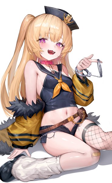 Anime picture 3548x5778 with azur lane bache (azur lane) yjs0803123 single long hair tall image looking at viewer blush highres breasts open mouth light erotic simple background blonde hair smile white background sitting purple eyes twintails bare shoulders