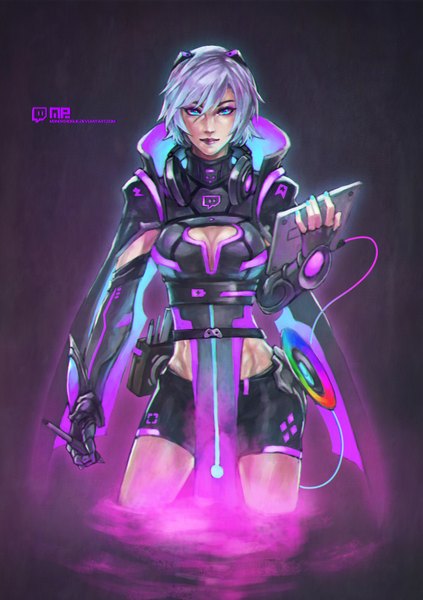 イラスト 2476x3508 と twitch monori rogue ソロ 長身像 カメラ目線 highres 短い髪 おっぱい 青い目 simple background 銀髪 purple hair nail polish fingernails lips lipstick pink lipstick 女の子 スーツ