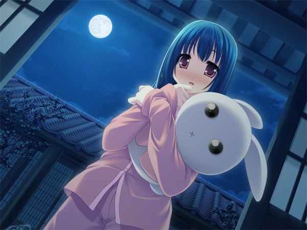 Anime picture 1200x900 with original purapa blush red eyes blue hair night moon toy stuffed animal pajamas sliding doors shouji