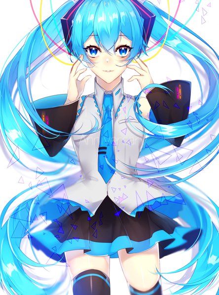 イラスト 3000x4050 と ボーカロイド 初音ミク おやき ソロ 長身像 カメラ目線 前髪 highres 青い目 ツインテール 青い髪 very long hair 記念日 女の子 ストッキング スカート 袖だけ ミニスカート ネクタイ