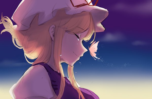 Anime picture 2480x1608 with touhou yakumo yukari saple single highres short hair breasts blonde hair smile payot sky upper body eyes closed profile wind tears portrait girl insect butterfly