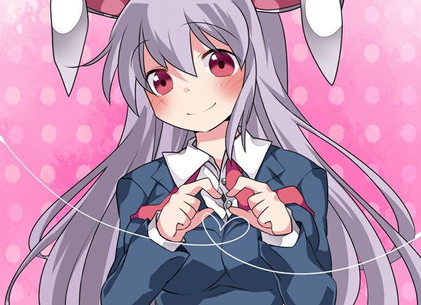 Anime picture 1000x726 with touhou reisen udongein inaba hammer (sunset beach) single long hair looking at viewer blush fringe smile red eyes animal ears purple hair bunny ears pink background polka dot heart hands polka dot background girl