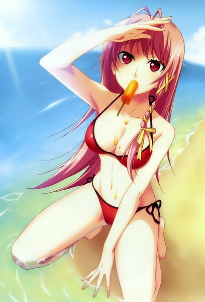 Anime picture 1600x2350 with bomi long hair tall image light erotic red eyes ahoge red hair beach girl swimsuit bikini food sweets ice cream red bikini