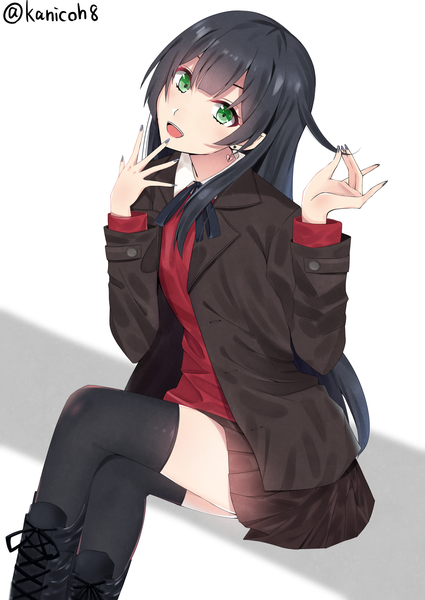 Anime picture 2150x3035 with kantai collection agano light cruiser kanikou single tall image looking at viewer highres open mouth black hair sitting green eyes crossed legs girl thighhighs skirt black thighhighs miniskirt boots