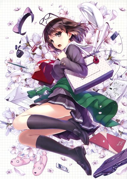 Anime picture 2414x3400 with saenai heroine no sodatekata a-1 pictures katou megumi misaki kurehito single tall image looking at viewer blush highres short hair open mouth brown hair animal ears pleated skirt cat ears scan :o grey eyes fake animal ears jumping