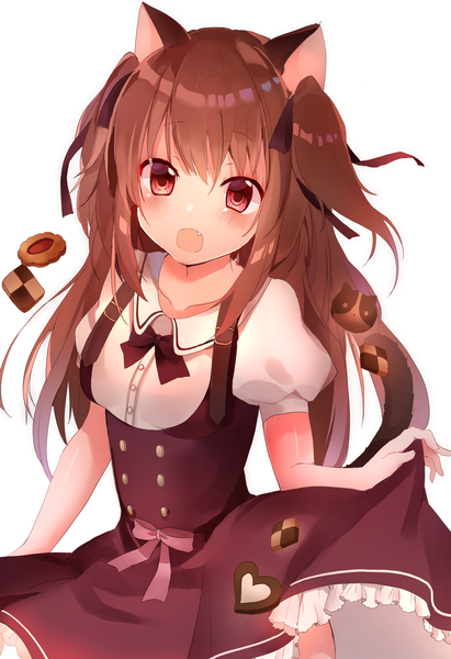 Anime-Bild 3839x5598 mit original nekoko (windcat429) single long hair tall image looking at viewer blush fringe highres breasts open mouth simple background hair between eyes red eyes brown hair standing white background animal ears payot absurdres