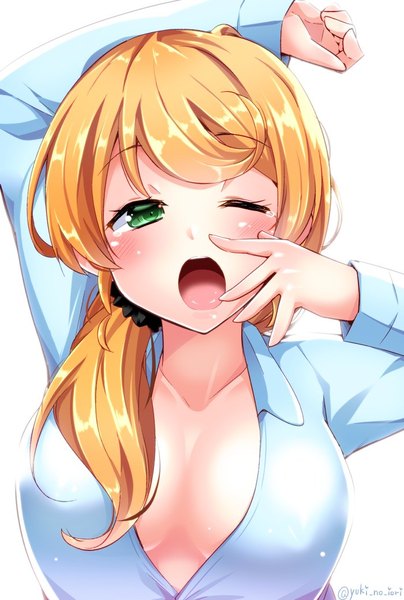 Anime picture 700x1040 with new horizon ellen baker yuuki hb single long hair tall image looking at viewer blush fringe breasts open mouth light erotic simple background blonde hair large breasts white background green eyes signed cleavage long sleeves