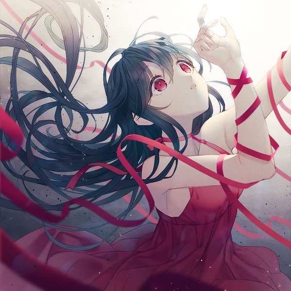 Anime picture 800x800 with original ribbonari single long hair fringe open mouth black hair simple background hair between eyes red eyes standing arms up floating hair looking up girl dress ribbon (ribbons) choker red dress