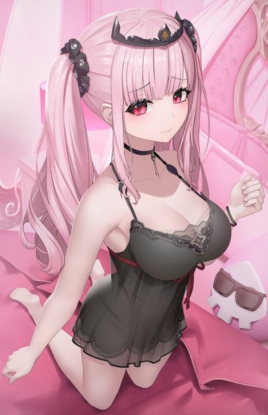 Anime picture 1938x3000 with virtual youtuber hololive hololive english mori calliope death-sensei (mori calliope) mori calliope (6th costume) sunkilow single long hair tall image looking at viewer blush fringe highres breasts light erotic red eyes large breasts twintails bare shoulders