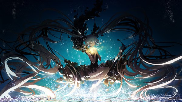 Anime picture 1680x945 with vocaloid shinkai shoujo (vocaloid) hatsune miku lengchan (fu626878068) single wide image twintails full body bent knee (knees) eyes closed very long hair barefoot light smile aqua hair floating hair glowing underwater girl dress black dress