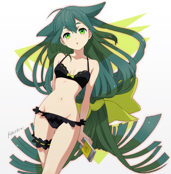 Anime picture 1596x1623 with gatchaman crowds tatsunoko utsutsu kaisen single tall image looking at viewer fringe light erotic simple background hair between eyes white background green eyes signed very long hair green hair :o groin low ponytail eyebrows