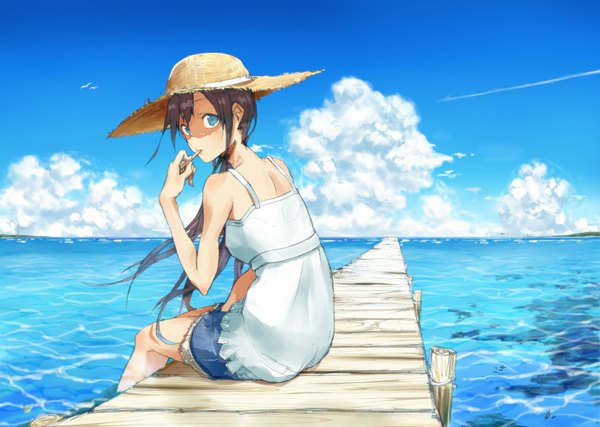 Anime picture 1500x1068 with original taxi (owp) single long hair looking at viewer blue eyes brown hair sitting bare shoulders sky cloud (clouds) looking back mouth hold girl hat animal water headdress sea bird (birds)