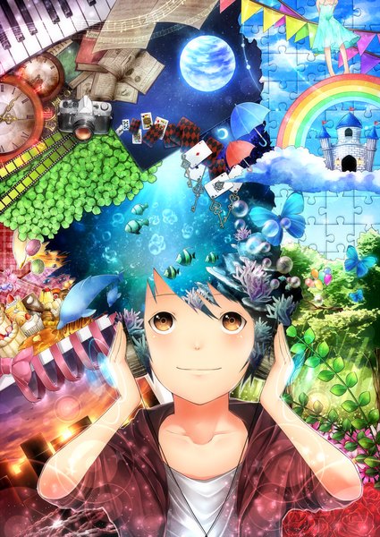 Anime picture 1900x2683 with original ryota (ry o ta) tall image blush highres smile standing brown eyes sky cloud (clouds) from behind crescent headless girl boy flower (flowers) ribbon (ribbons) plant (plants) tree (trees) water