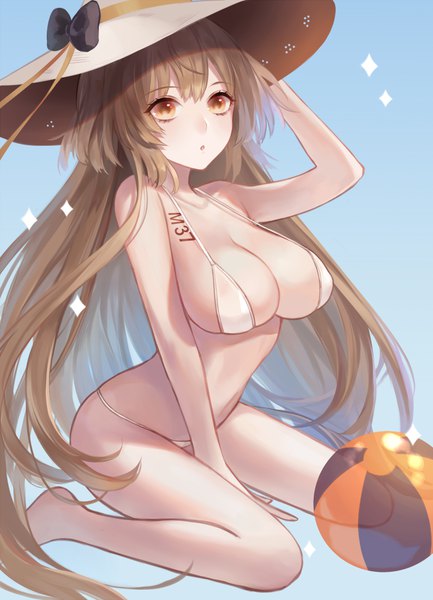 Anime picture 722x1000 with girls frontline ithaca m37 (girls frontline) zek (zecola) single long hair tall image looking at viewer fringe breasts open mouth light erotic simple background hair between eyes brown hair large breasts sitting bare shoulders brown eyes payot full body