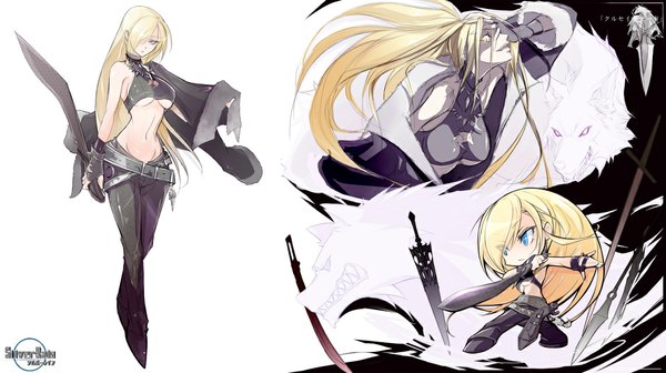 Anime picture 1140x640 with silver rain long hair fringe blue eyes light erotic simple background blonde hair wide image white background hair over one eye chibi multiple persona girl gloves navel weapon sword belt pendant pants