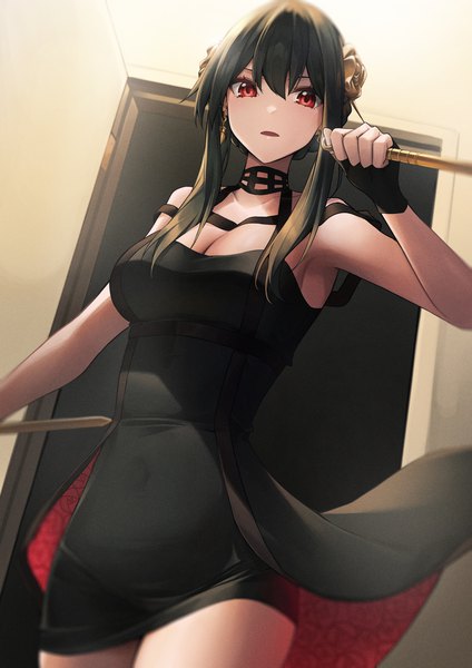 Anime picture 2480x3508 with spy x family yor briar sora (men0105) single long hair tall image looking at viewer blush fringe highres breasts open mouth black hair hair between eyes red eyes large breasts standing bare shoulders holding cleavage