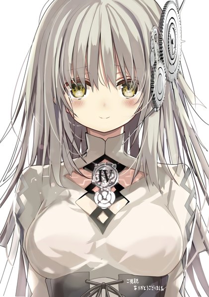 Anime picture 800x1139 with clockwork planet ryuzu (clockwork planet) shino (eefy) single long hair tall image looking at viewer blush fringe breasts simple background hair between eyes large breasts white background yellow eyes cleavage upper body light smile grey hair inscription