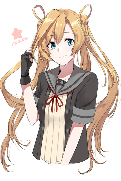 Anime picture 700x1050 with kantai collection abukuma light cruiser morinaga (harumori) single long hair tall image fringe blue eyes blonde hair simple background hair between eyes white background twintails upper body character names holding hair remodel (kantai collection) girl gloves uniform