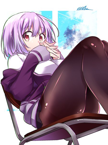 Anime-Bild 800x1067 mit gridman universe ssss.gridman studio trigger shinjou akane bittsu (v1tz) single tall image looking at viewer short hair light erotic red eyes sitting signed purple hair off shoulder twitter username covered mouth interlocked fingers girl pantyhose