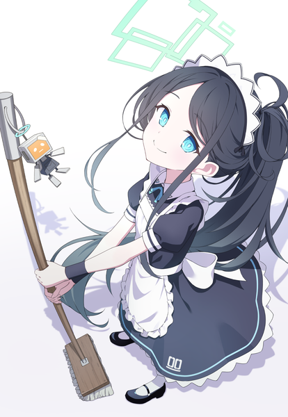 Anime picture 895x1297 with blue archive aris (blue archive) aris (maid) (blue archive) quarterlift single tall image looking at viewer blue eyes black hair simple background smile standing white background full body ponytail very long hair from above shadow maid official alternate costume