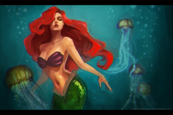 イラスト 1200x796 と the little mermaid ディズニー ariel 長髪 前髪 おっぱい 青い目 大きな乳房 肩出し 赤髪 片目隠れ underwater 女の子 へそ mermaid jellyfish 貝殻ビキニ