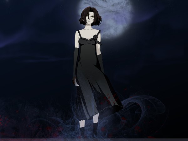 Anime picture 1600x1200 with baccano! chane laforet single short hair open mouth brown hair wind orange eyes dark background looking up girl dress black dress blood knife