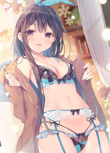 Anime picture 578x800 with original miwabe sakura single long hair tall image looking at viewer blush fringe breasts open mouth light erotic black hair smile standing purple eyes payot cleavage indoors nail polish :d