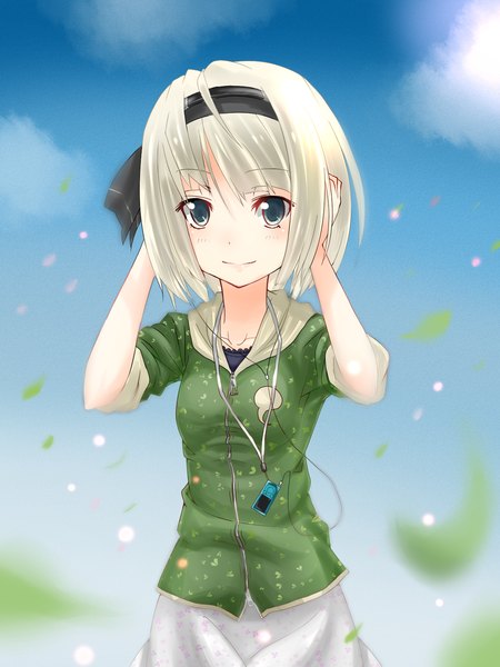 Anime picture 1200x1600 with touhou konpaku youmu lip-mil single tall image looking at viewer blush smile green eyes sky girl ribbon (ribbons) hair ribbon headphones leaf (leaves) wire (wires) digital media player