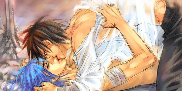 Anime picture 1000x500 with egosun (artist) long hair short hair blue eyes black hair red eyes brown hair wide image blue hair lying light smile multiple boys couple hug face to face kiss shounen ai boy shirt 2 boys